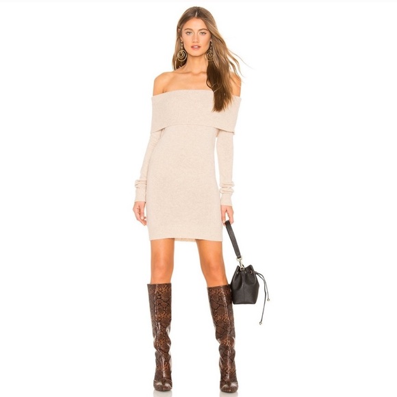 Tularosa Dresses & Skirts - Tularosa Dreamin Off The Shoulder Mini Sweater Dress Tan Size Small